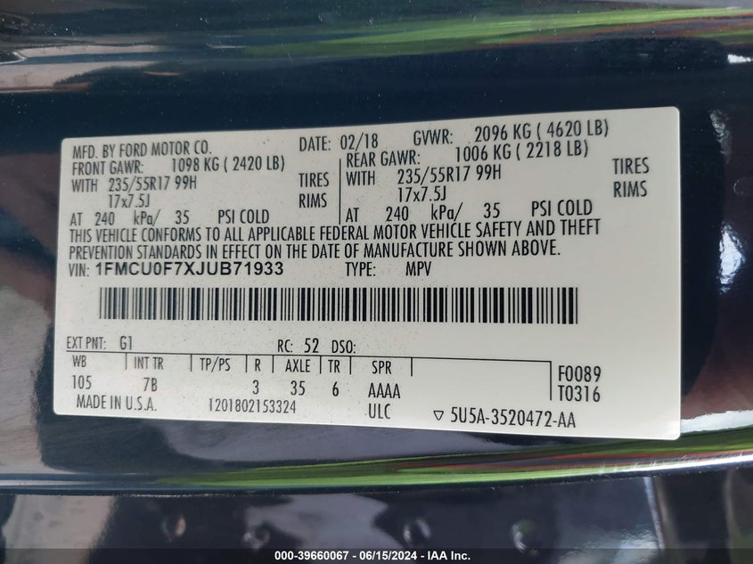 2018 Ford Escape S VIN: 1FMCU0F7XJUB71933 Lot: 39660067