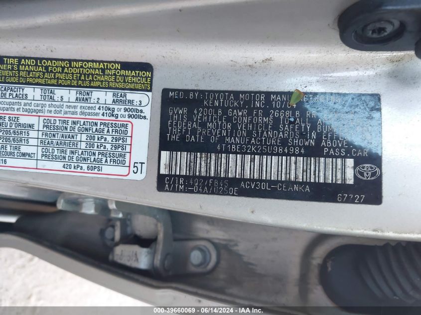 2005 Toyota Camry Std VIN: 4T1BE32K25U984984 Lot: 39660069