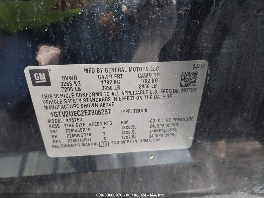 2014 GMC Sierra 1500 Sle VIN: 1GTV2UEC2EZ305237 Lot: 39660070