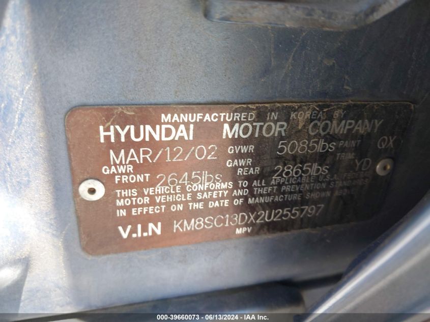 2002 Hyundai Santa Fe Gls/Lx VIN: KM8SC13DX2U255797 Lot: 39660073