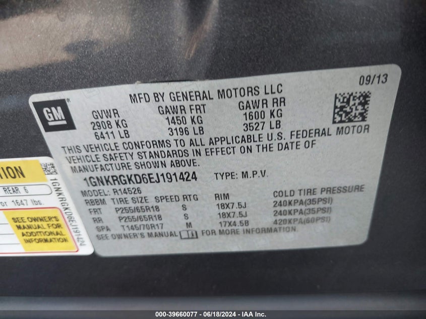 2014 Chevrolet Traverse 1Lt VIN: 1GNKRGKD6EJ191424 Lot: 39660077