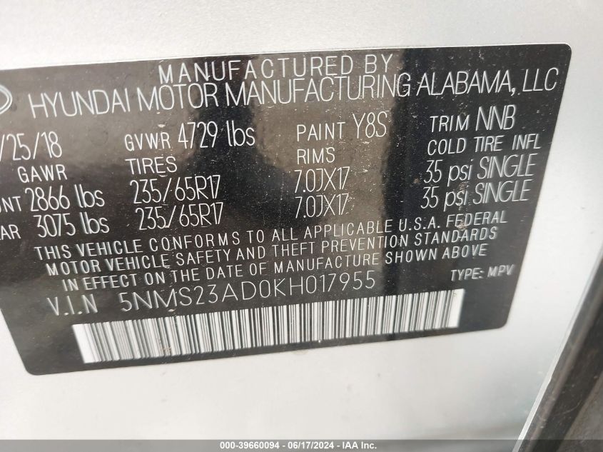 5NMS23AD0KH017955 2019 Hyundai Santa Fe Se