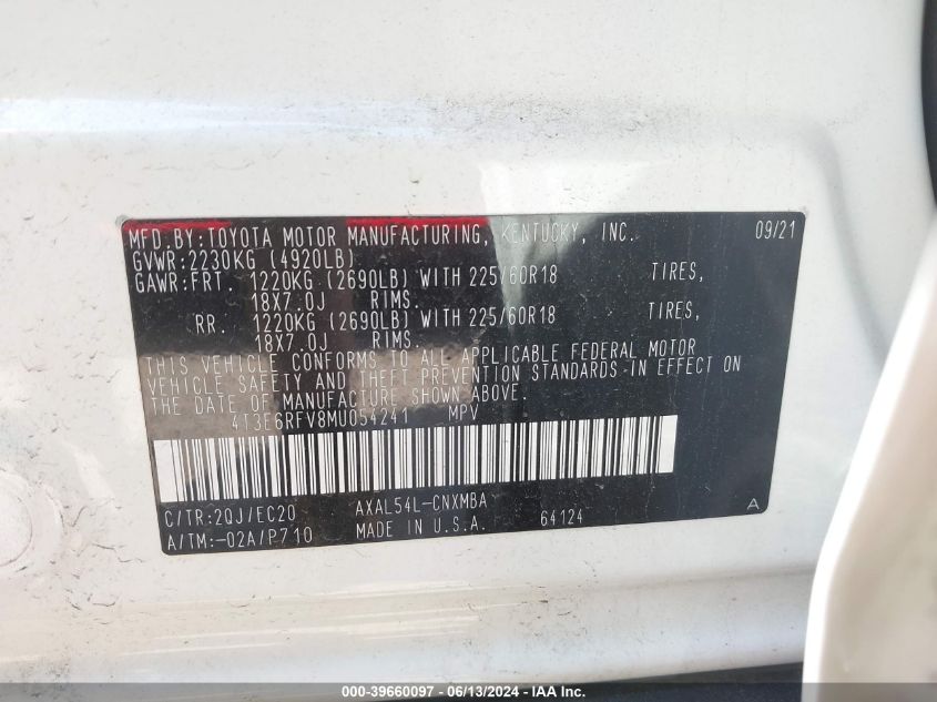 2021 Toyota Rav4 Hybrid Xse VIN: 4T3E6RFV8MU054241 Lot: 39660097