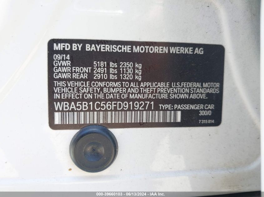 2015 BMW 535I VIN: WBA5B1C56FD919271 Lot: 39660103