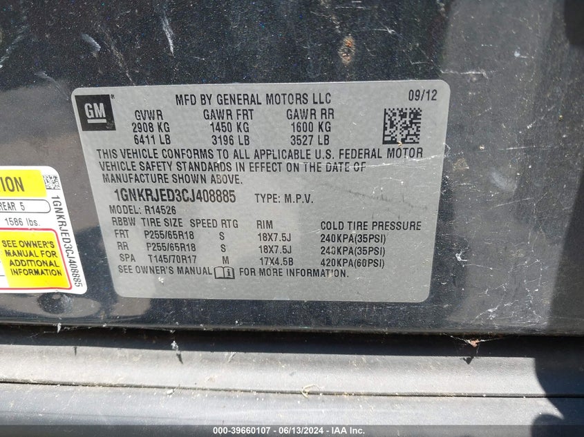 2012 Chevrolet Traverse 2Lt VIN: 1GNKRJED3CJ408885 Lot: 39660107