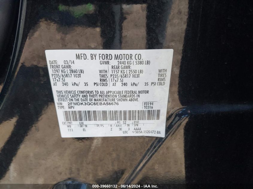 2014 Ford Edge Se VIN: 2FMDK3GC6EBA58676 Lot: 39660132