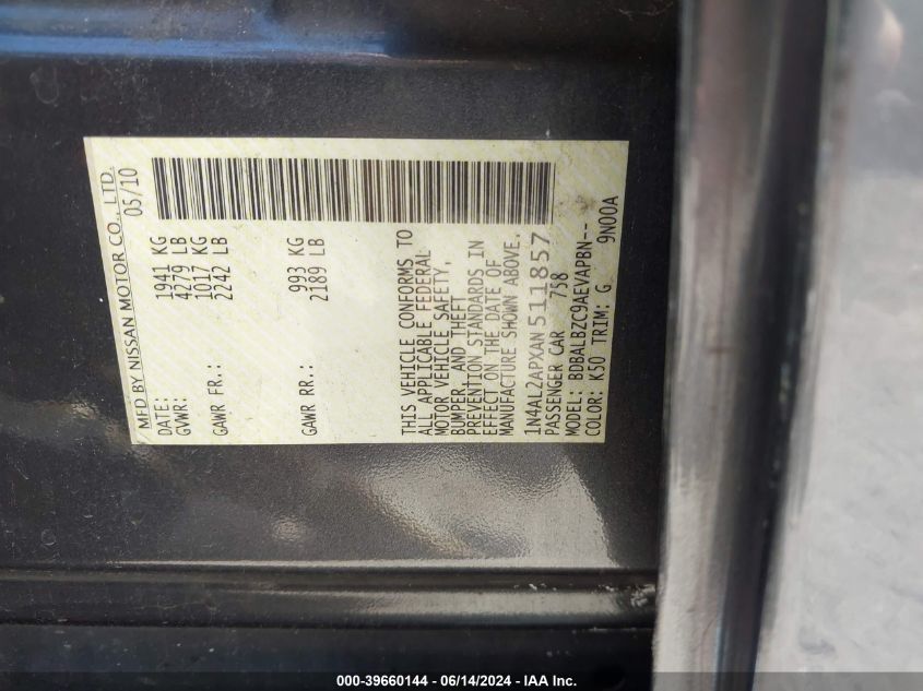 2010 Nissan Altima 2.5 S VIN: 1N4AL2APXAN511857 Lot: 39660144