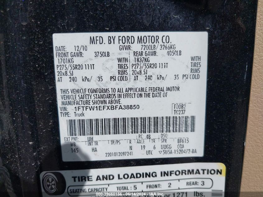 2011 Ford F-150 Lariat VIN: 1FTFW1EFXBFA38850 Lot: 39660156