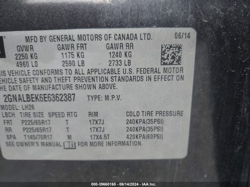 2014 Chevrolet Equinox 1Lt VIN: 2GNALBEK6E6362387 Lot: 39660165