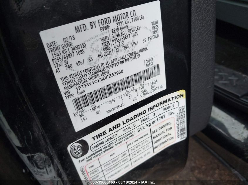 2013 Ford F-150 Xlt VIN: 1FTFW1CF8DFB53968 Lot: 39660169