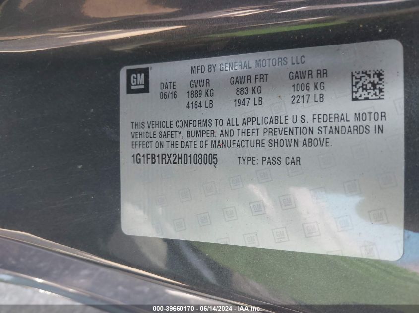 2017 Chevrolet Camaro 1Lt VIN: 1G1FB1RX2H0108005 Lot: 39660170