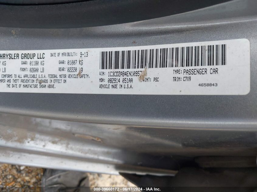 2014 Dodge Avenger Se VIN: 1C3CDZAB4EN109579 Lot: 39660172