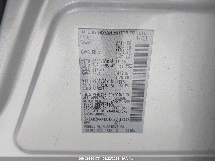 2014 Nissan Pathfinder Sl VIN: 5N1AR2MM4EC657100 Lot: 39660177