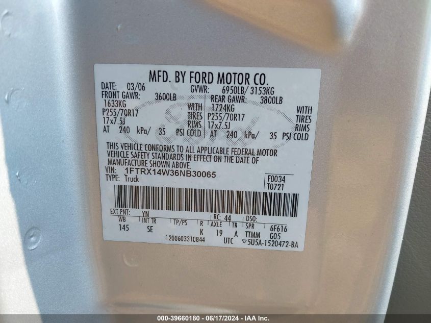 2006 Ford F-150 Stx/Xl/Xlt VIN: 1FTRX14W36NB30065 Lot: 39660180