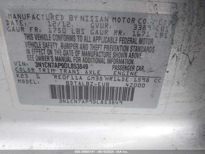 2013 Nissan Versa 1.6 Sv VIN: 3N1CN7AP9DL853849 Lot: 39660181