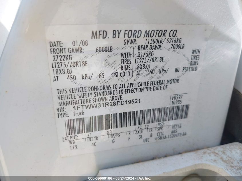 2008 Ford F-350 Fx4/Harley-Davidson/King Ranch/Lariat/Xl/Xlt VIN: 1FTWW31R28ED19521 Lot: 39660186