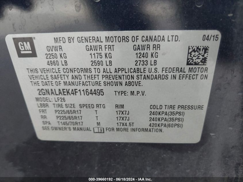 2GNALAEK4F1164495 2015 Chevrolet Equinox Ls