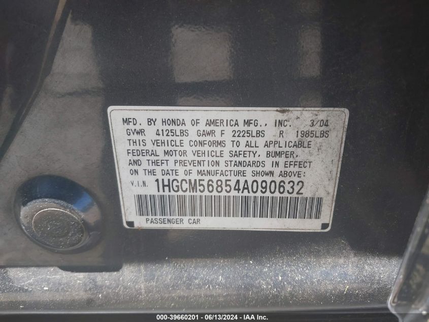 2004 Honda Accord 2.4 Ex VIN: 1HGCM56854A090632 Lot: 39660201