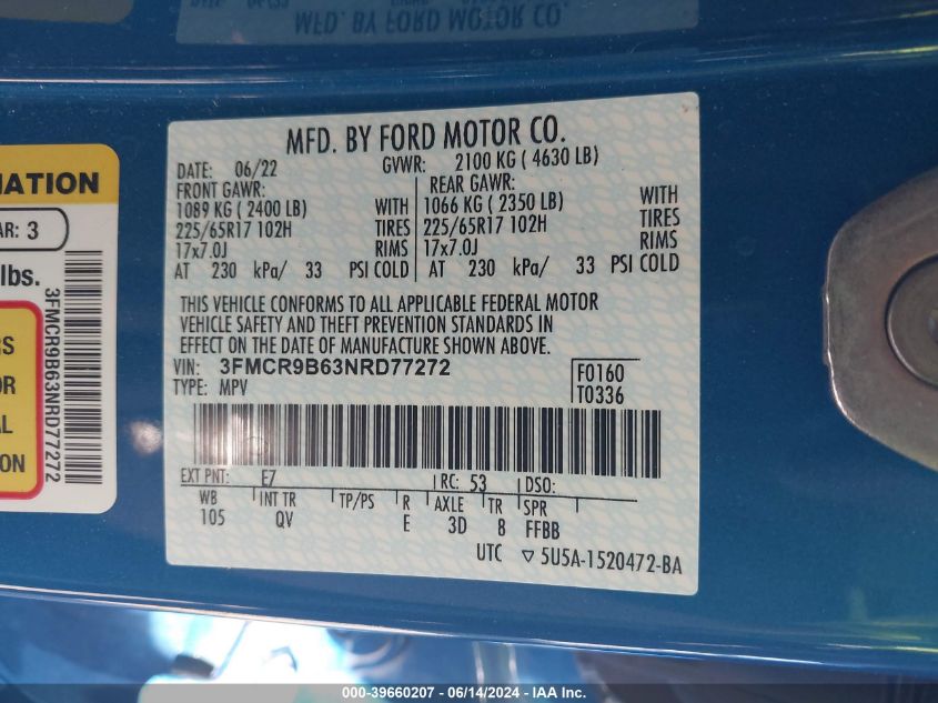 2022 Ford Bronco Sport Big Bend VIN: 3FMCR9B63NRD77272 Lot: 39660207