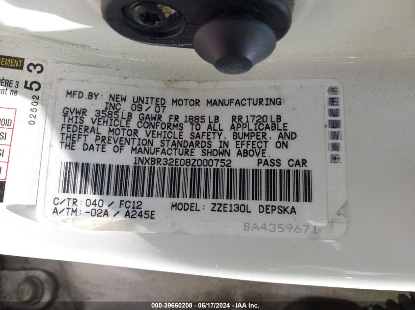 2008 Toyota Corolla S VIN: 1NXBR32E08Z000752 Lot: 39660208