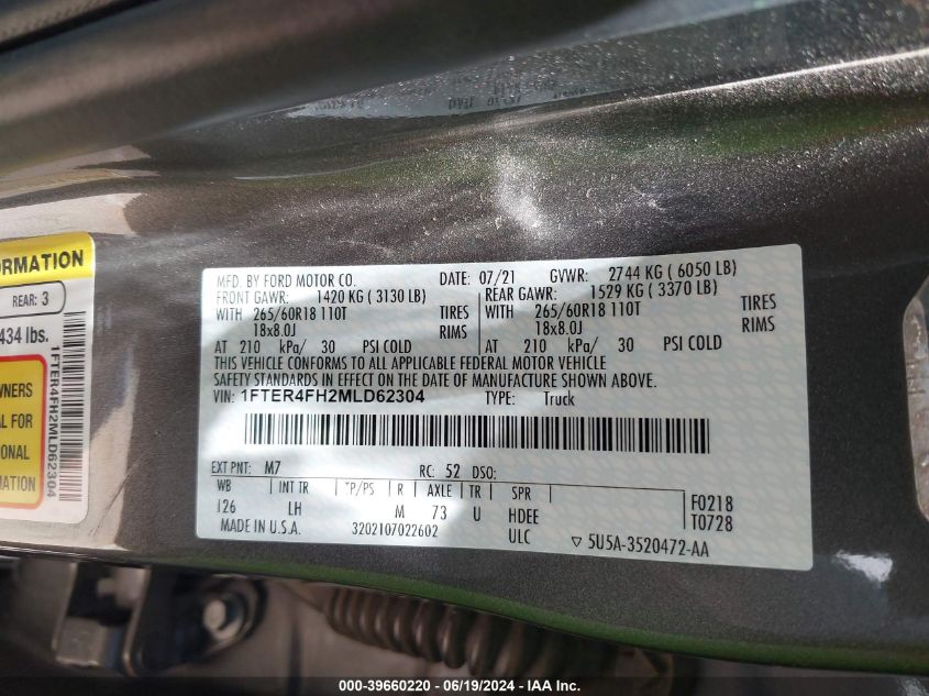 2021 Ford Ranger Xlt VIN: 1FTER4FH2MLD62304 Lot: 39660220