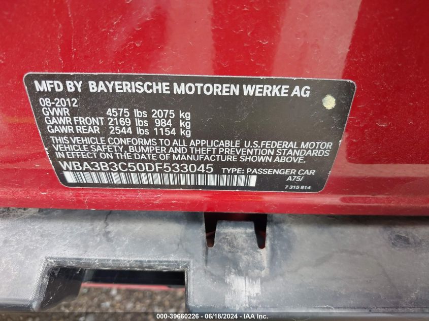 2013 BMW 328I xDrive VIN: WBA3B3C50DF533045 Lot: 39660226