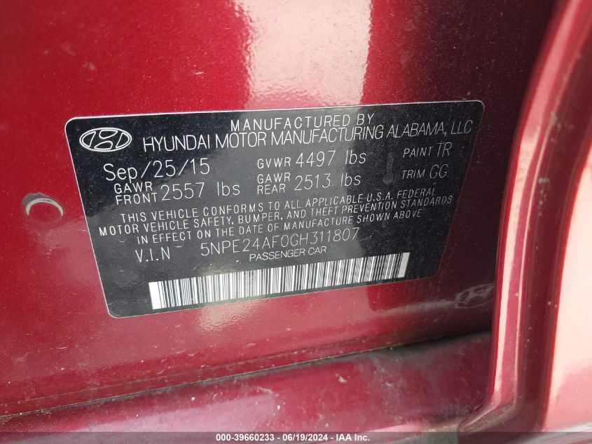 2016 Hyundai Sonata Se VIN: 5NPE24AF0GH311807 Lot: 39660233