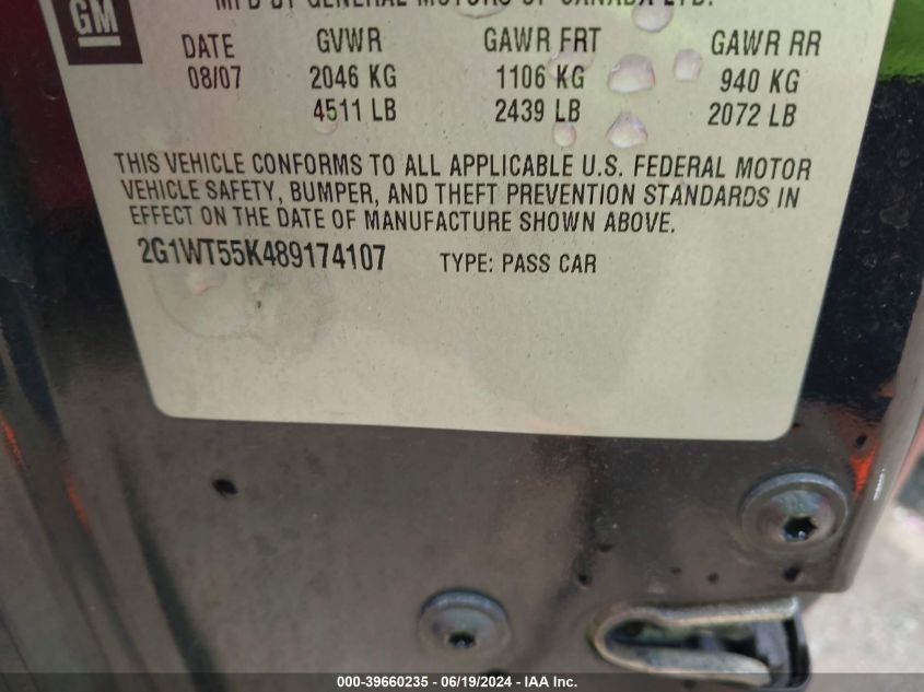 2008 Chevrolet Impala Lt VIN: 2G1WT55K489174107 Lot: 39660235