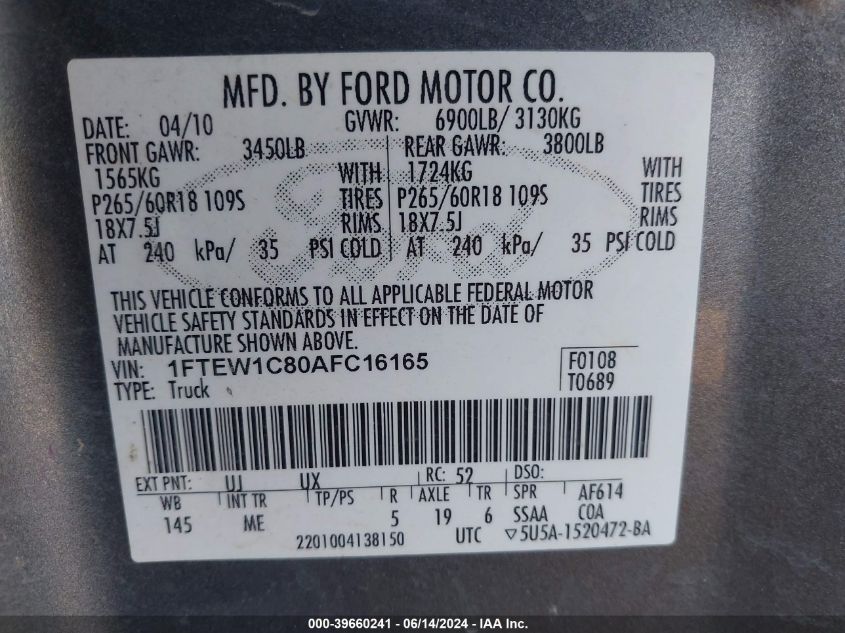 2010 Ford F-150 Fx2 Sport/Xl/Xlt VIN: 1FTEW1C80AFC16165 Lot: 39660241