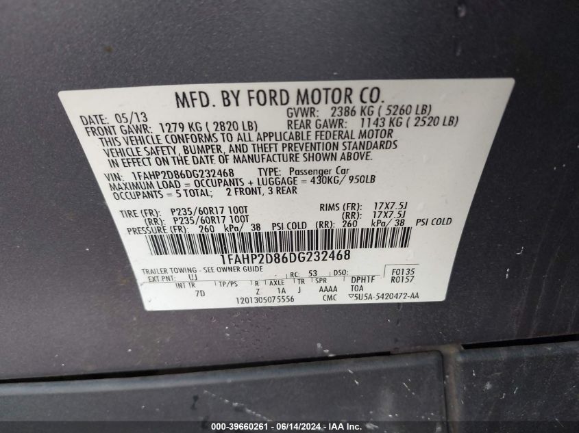 2013 Ford Taurus Se VIN: 1FAHP2D86DG232468 Lot: 39660261