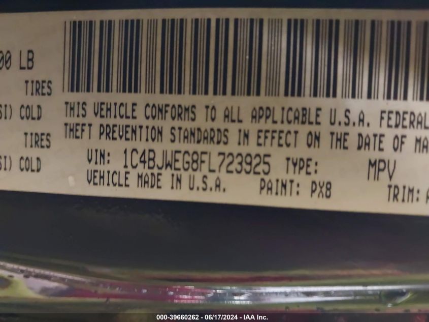 2015 Jeep Wrangler Unlimited Sahara VIN: 1C4BJWEG8FL723925 Lot: 39660262