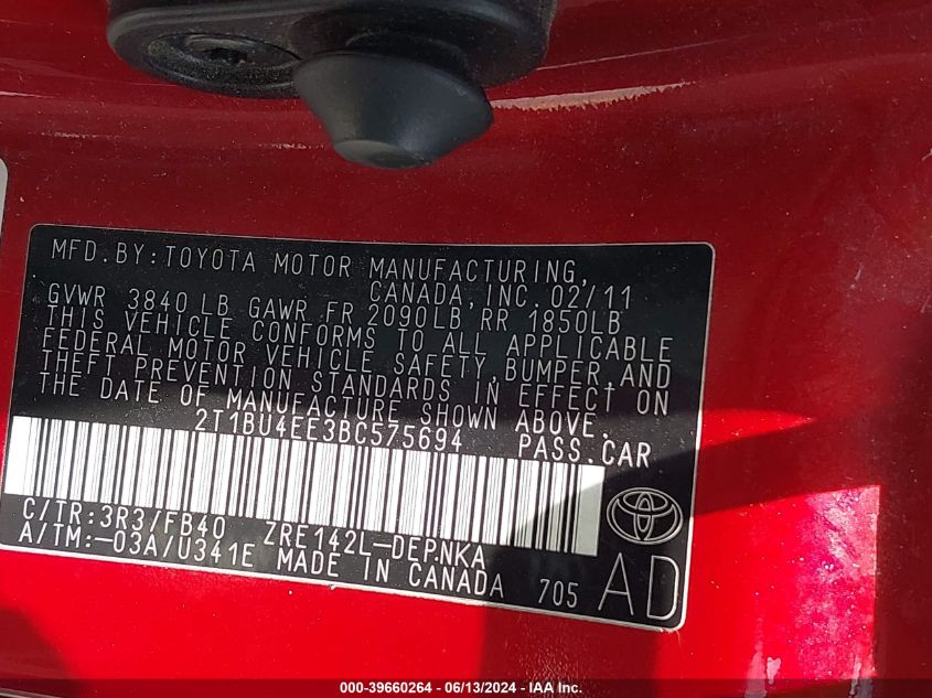 2011 Toyota Corolla Le VIN: 2T1BU4EE3BC575694 Lot: 39660264