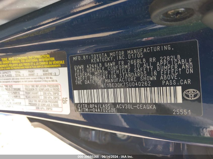 2005 Toyota Camry Xle VIN: 4T1BE30K75U040262 Lot: 39660268
