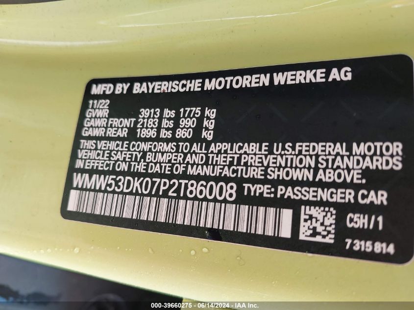 2023 Mini Hardtop Cooper S VIN: WMW53DK07P2T86008 Lot: 39660275