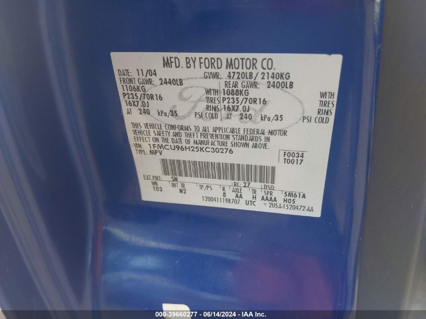 2005 Ford Escape Hybrid VIN: 1FMCU96H25KC30276 Lot: 39660277