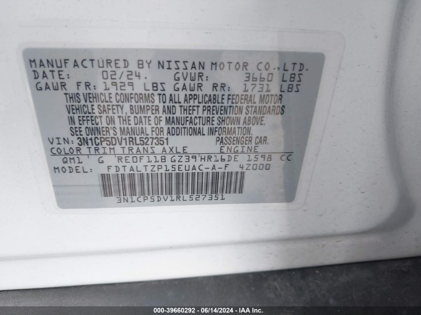 2024 Nissan Kicks Sr Xtronic Cvt VIN: 3N1CP5DV1RL527351 Lot: 39660292
