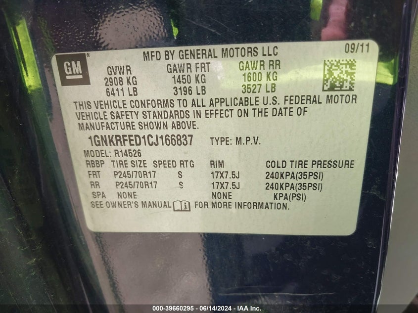 2012 Chevrolet Traverse Ls VIN: 1GNKRFED1CJ166837 Lot: 39660295