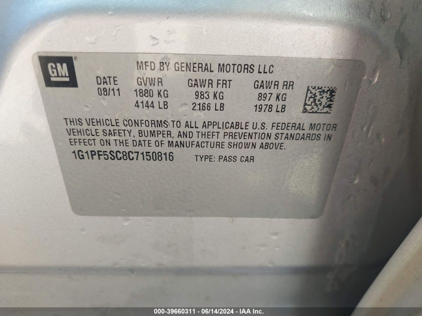2012 Chevrolet Cruze 1Lt VIN: 1G1PF5SC8C7150816 Lot: 39660311