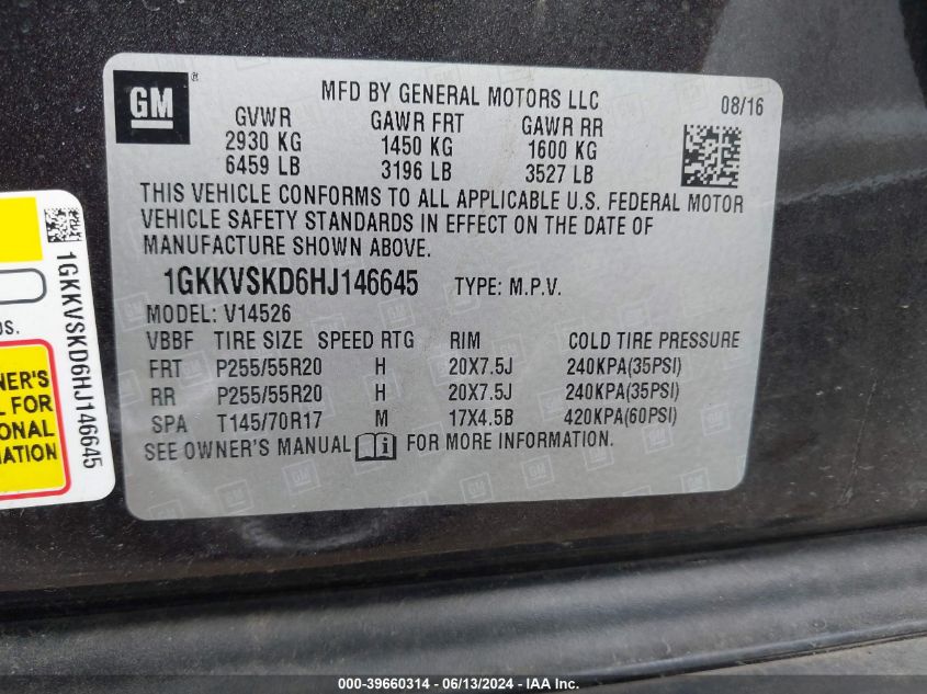 2017 GMC Acadia Limited VIN: 1GKKVSKD6HJ146645 Lot: 39660314