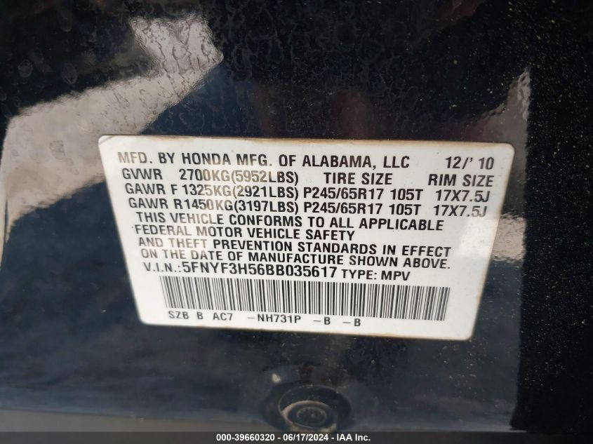 2011 Honda Pilot Ex-L VIN: 5FNYF3H56BB035617 Lot: 39660320