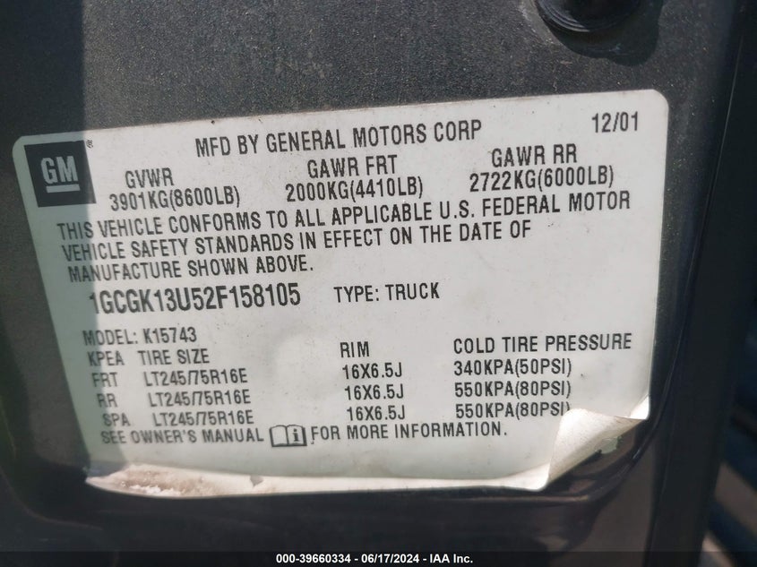 2002 Chevrolet Silverado 1500Hd Lt VIN: 1GCGK13U52F158105 Lot: 39660334