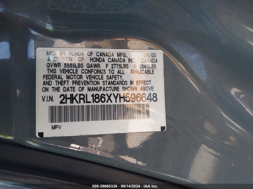 2000 Honda Odyssey Ex VIN: 2HKRL186XYH596648 Lot: 39660338