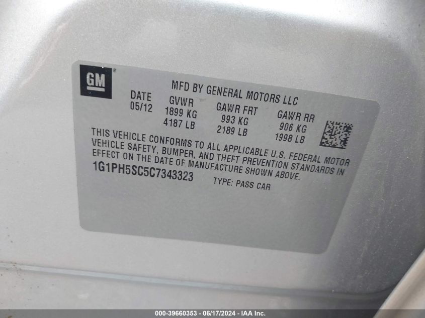 2012 Chevrolet Cruze Ltz VIN: 1G1PH5SC5C7343323 Lot: 39660353