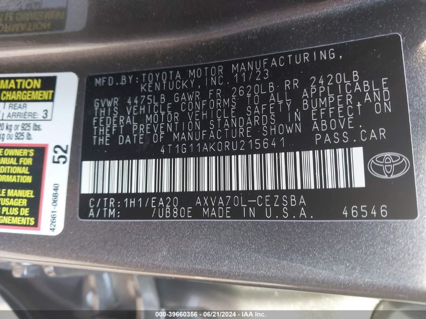 4T1G11AK0RU215641 2024 Toyota Camry Se