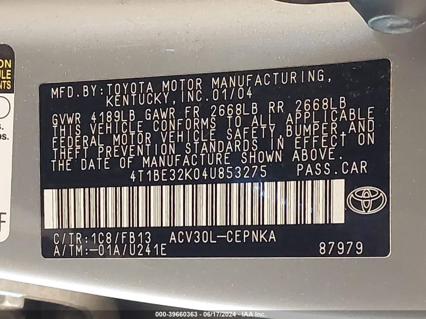 2004 Toyota Camry Le VIN: 4T1BE32K04U853275 Lot: 39660363