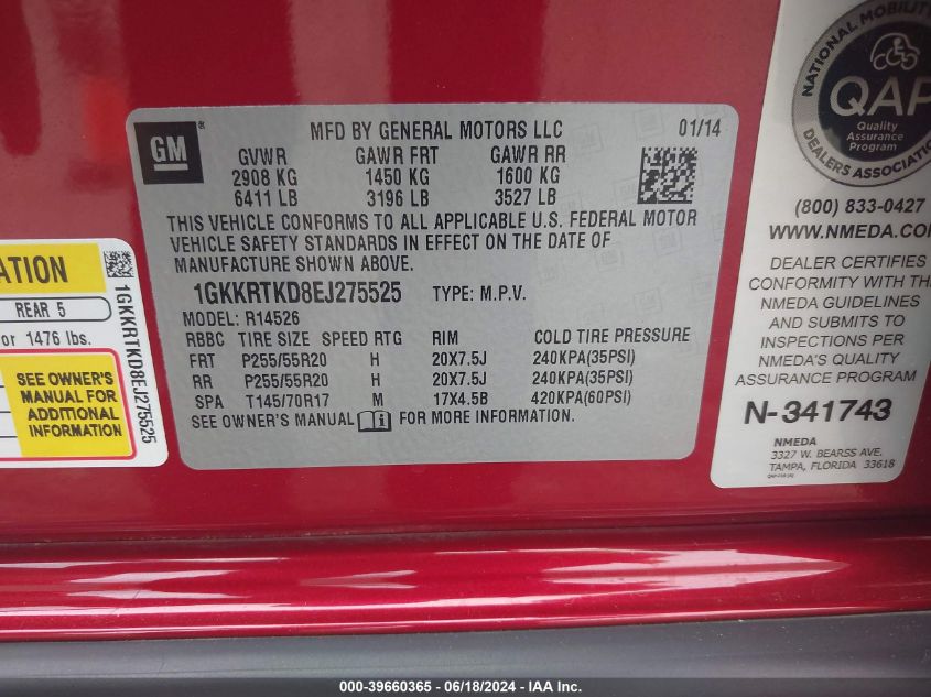 2014 GMC Acadia Denali VIN: 1GKKRTKD8EJ275525 Lot: 39660365