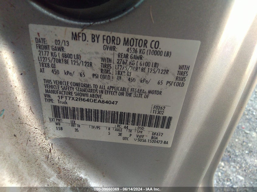 2013 Ford F-250 Xlt VIN: 1FT7X2B64DEA84047 Lot: 39660369