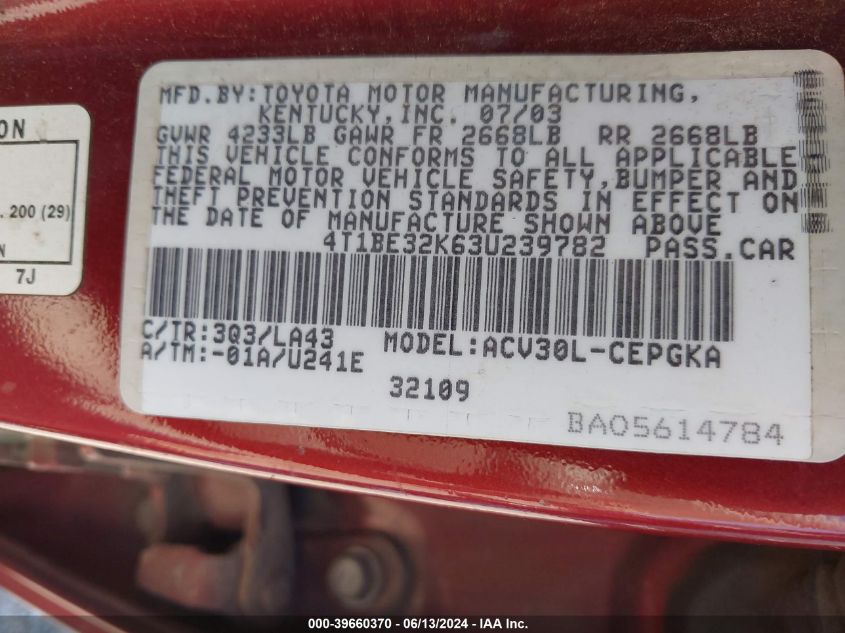 2003 Toyota Camry Xle VIN: 4T1BE32K63U239782 Lot: 39660370