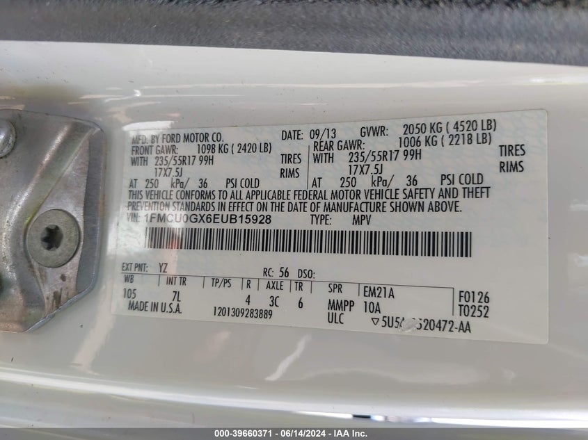 2014 Ford Escape Se VIN: 1FMCU0GX6EUB15928 Lot: 39660371