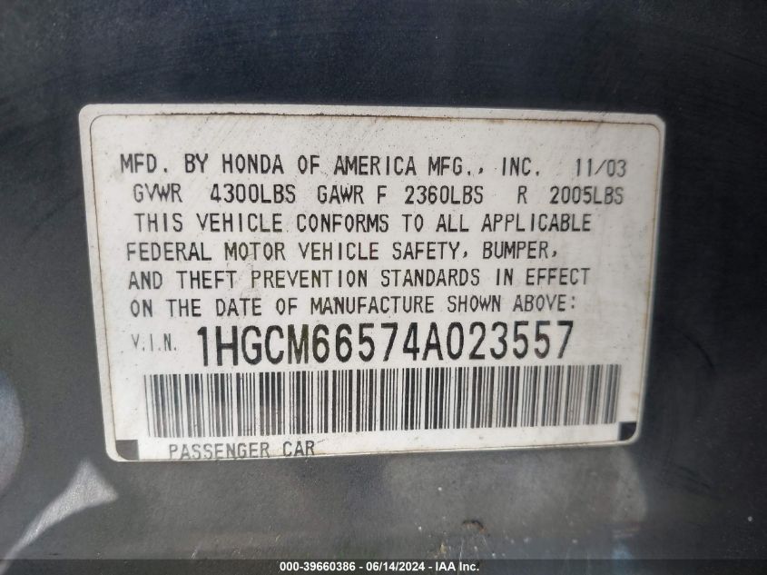 2004 Honda Accord 3.0 Ex VIN: 1HGCM66574A023557 Lot: 39660386